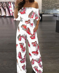 Printed word collar ruffled loose jumpsuit