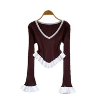 Contrast-color Ruffled Striped Knit Sweater