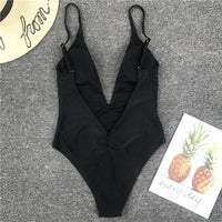 Solid color sexy one-piece swimsuit deep V-neck back pleated bikini