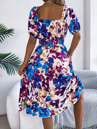 Women's Casual Floral Print Square Neck Short Sleeve Tie Waist Ruffle A-Line Dress