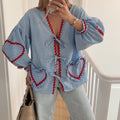 Women's Plaid V-neck Shirt Love Pocket Long Sleeve Loose Top