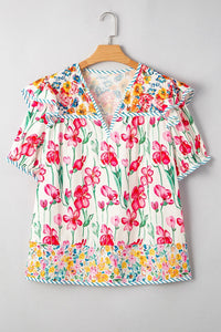 Plus Size Floral Print Striped Trim V Neck Blouse