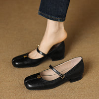 The Woman Is Wearing Low-heeled Mary Jane Shoes