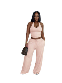 European And American Style Summer Solid Color Casual Halter Top And High-Waist Wide-Leg Pants With Pockets