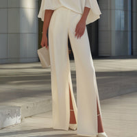Womens Solid-Color Semi-High Neck Top And High-Waisted Wide-Leg Pants With Side Slits Outfit