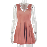 Patchwork Pleated Waist A Line Sleeveless Short Dress