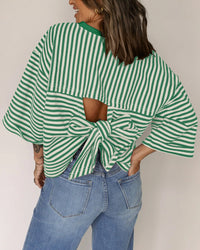 Womens Crew-Neck Striped Knitted Top With Back Tie Bow