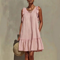 New Stylish Casual Loose Round-Neck Sleeveless Ruffle-Trim Dress