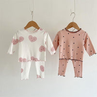 Girls' Long Sleeved Home Wear Pajamas With Wooden Ear Edge Set