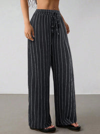 Women's Casual Striped Drawstring Elastic Waist Contrasting Color Wide Leg Pants