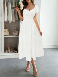French Retro Bubble Waist A-Line Midi Dress - Flared Skirt Slim Fit Women's Summer Dress