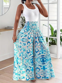 Peris Patterned High Waisted Elasticated Slim Fit A Line Wide Leg Flared Pants
