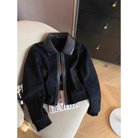 Black Patchwork Lapel Suede-Like Short Jacket