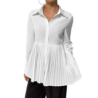 Solid-color Buttoned Pleated Long-sleeve Shirt