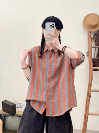 Wide Striped Printed Double-layer Yarn Loose Women's Cardigan Short Sleeve Shirt