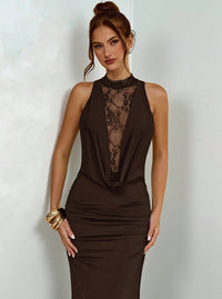 Strapless Deep V-Neck Spliced Lace Draped Bodycon Dress