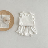 Summer Girls' Suit Rib Overall Dress Set Cotton Infant Flounced Sleeve Baby Girls' T-shirt Shorts Two-piece Suit