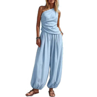 Casual Minimalist Solid-Color Sleeveless Tank Top And Loose High-Waist Pants Set For Women