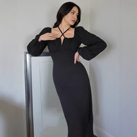 Womens Neck-tie Cross-strap Figure-hugging Dress