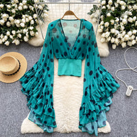 Womens Sheer Cross V-Neck Waist-Cinched Flare-Sleeve Polka-Dot Top