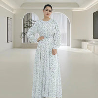 Crew-neck Floral-print Midi Dress With A Matching Belt For A Slimming Fit
