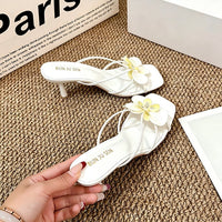 Fashionable Niche Flower Slippers, Comfortable Square Toe, Exposed Toe, Cool Drag, Thick Heel, Half Drag High Heels