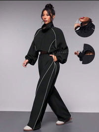 Womens Color-Block Drawstring Sports Jacket And Pants Set