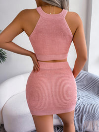 Women  Casual Color Block Heart Cropped Top & Bodycon Skirt Knit Set