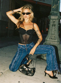 New Low Waist Hollow Lace-up Wide-leg Jeans For Women