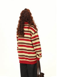 Vintage Matcha Green Striped Sweater Polo Collar Jacket