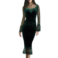 Womens French-style Chic Velvet And Lace Panelled Waist-Cinching Dress