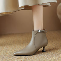 Womens Stylish Leather Pointed-Toe High-Heel Ankle Boots With Buckle Strap And Side Zipper