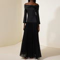 Off-shoulder Long-sleeve Slim-fit Black Patchwork Dress