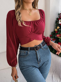 Women's Casual Lantern Sleeve Tie Waist Chiffon Crop Top