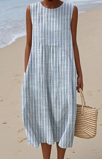 Pocketed Crew-neck Dress With Geometric And Floral Elements