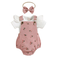 New Sunken Stripe Flounced Sleeve Floral Corduroy Suspender Pants Hair Band Three-piece Suit