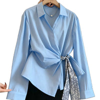 Womens Autumn Long-Sleeve Shirt With A Diagonal-Placket Silk Scarf Tie