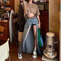 Retro Gradient High Waist Slit Denim Skirt