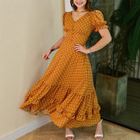 Square Neck Short Sleeve Polka Dot Print Dress