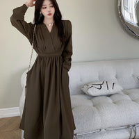 Elegant Long Sleeve V Neck Solid Color Dress