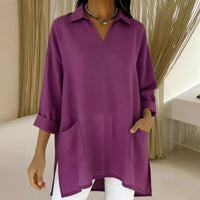 Womens Fashion Solid-color Pocket Shirt With A Loose-fitting Collar