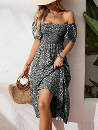 New European And American-style Square-neck Puffed-sleeve Floral-print Dress