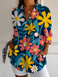 Womens Retro, Elegant Floral Print Long-Sleeve Shirt