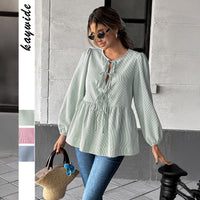 Elegant Striped Long Sleeve Tied T-shirt Shirt Women's Clothing
