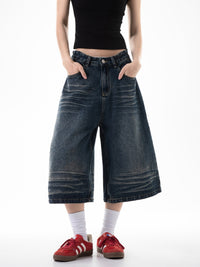 Retro Cropped Jeans Loose Straight Cargo Casual Wide-leg Pants Shorts For Women