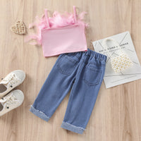 New Girls' Solid Color Sling Top Denim Trousers Suit