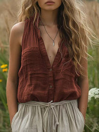 Women's Casual Loose Sleeveless Cotton Linen V-neck Pocket Vest Shirt