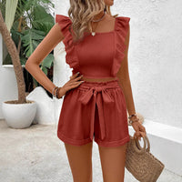 Lace-up Square-neck Backless Shorts And Tank Top Two-piece Set