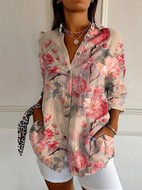 Womens Floral And Green Leaf-print Long-sleeve Blouse