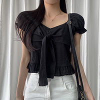 Bow-tied Ruffled Frill Puffed-sleeve Shirt